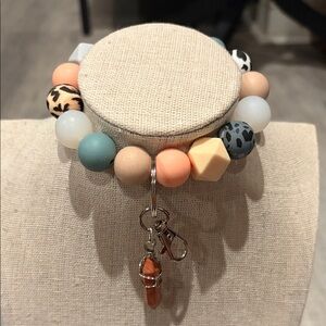 Handmade Beaded Peach & Teal Keychain Bracelet with Charm